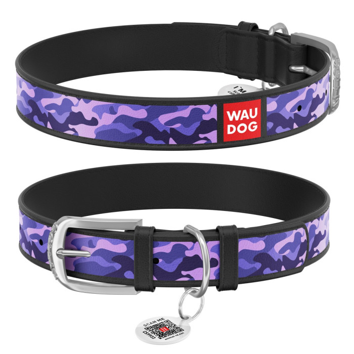 WAUDOG Design genuine leather dog collar with QR passport, "Purple camo" 