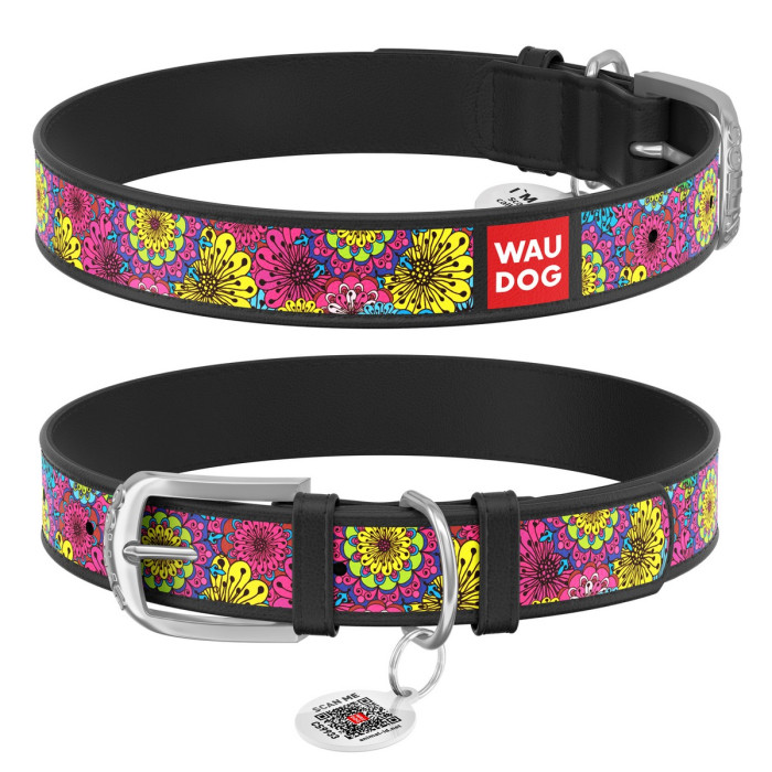 WAUDOG Design genuine leather dog collar with QR passport, "Spring" 