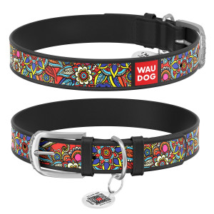 WAUDOG Design genuine leather dog collar with QR passport, 