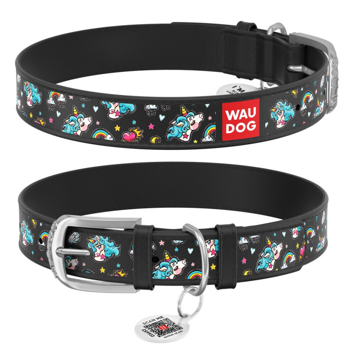 WAUDOG Design genuine leather dog collar with QR passport, "Unicorns" 