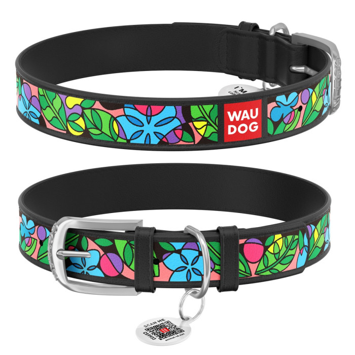 WAUDOG Design genuine leather dog collar with QR passport, "Enamel" 