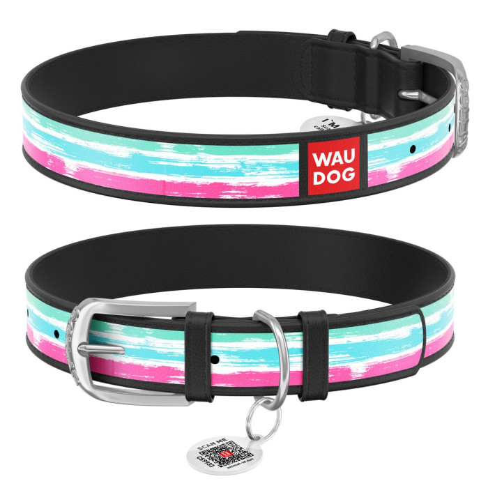 WAUDOG Design genuine leather dog collar with QR passport, "Watercolor stripes 2" 