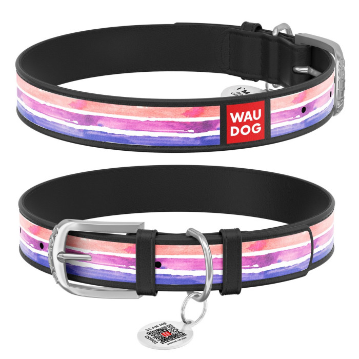 WAUDOG Design genuine leather dog collar with QR passport, "Watercolor stripes" 