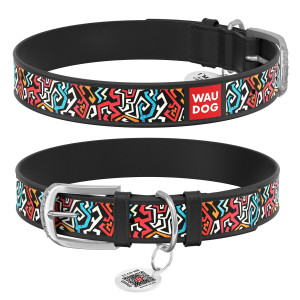 WAUDOG Design genuine leather dog collar with QR passport, 