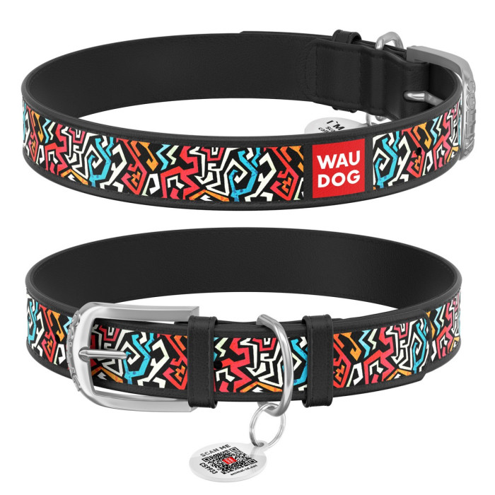 WAUDOG Design genuine leather dog collar with QR passport, "Graffiti 2" 