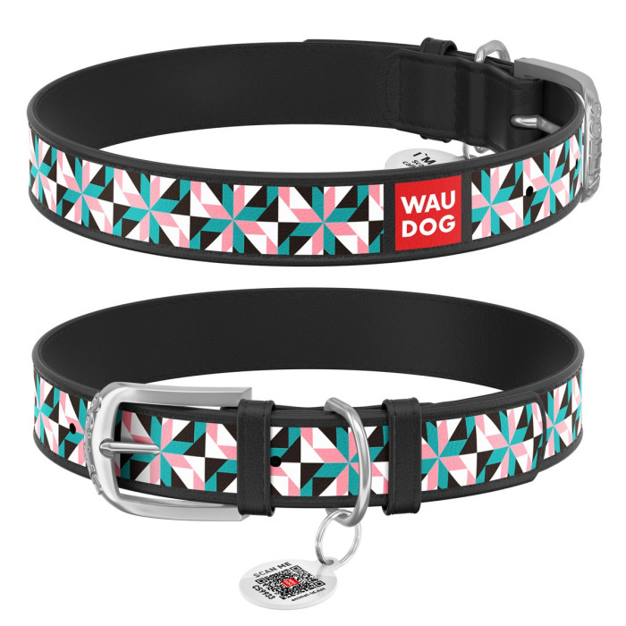 WAUDOG Design genuine leather dog collar with QR passport, "Snow flowers" 