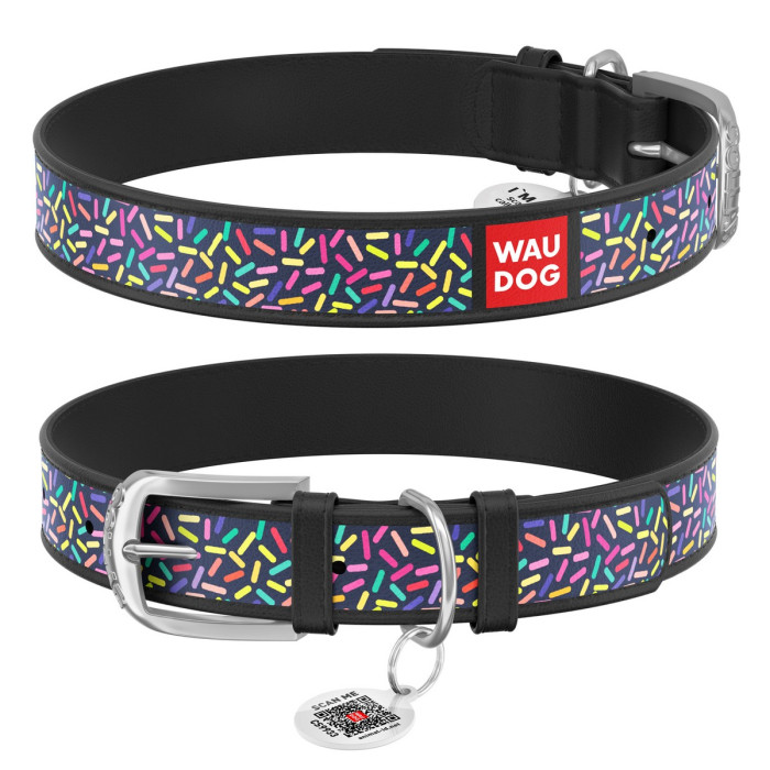 WAUDOG Design genuine leather dog collar with QR passport, "Confetti" 