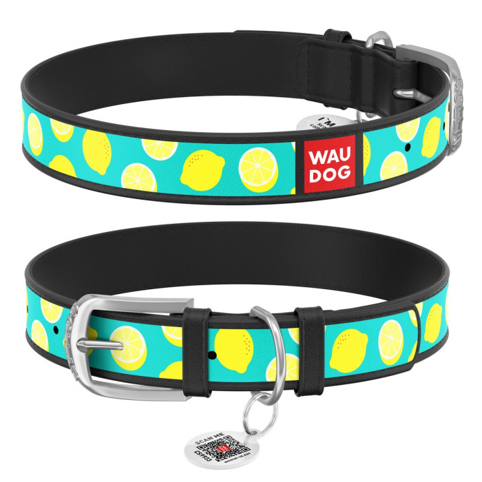 WAUDOG Design genuine leather dog collar with QR passport, "Lemons" 