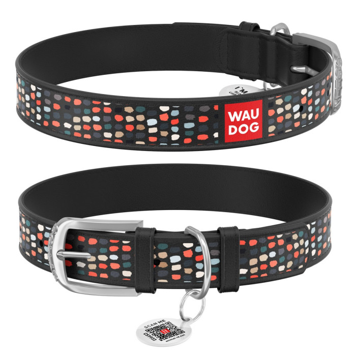 WAUDOG Design genuine leather dog collar with QR passport, "Funny dots" 