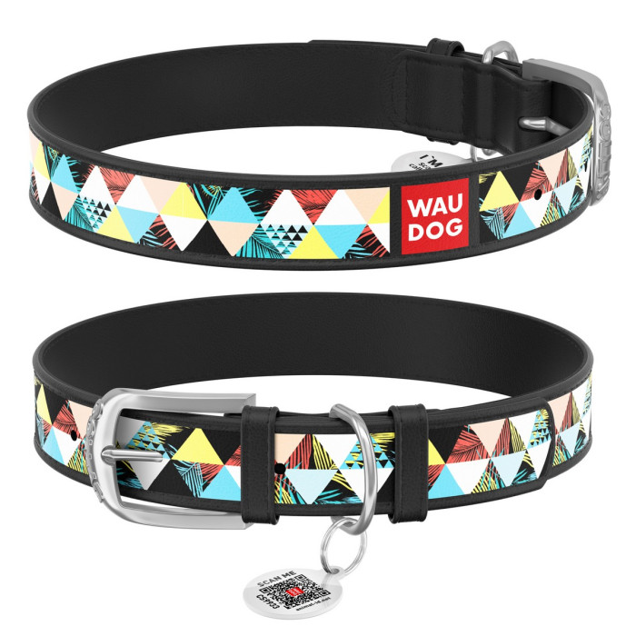 WAUDOG Design genuine leather dog collar with QR passport, "Patchwork" 