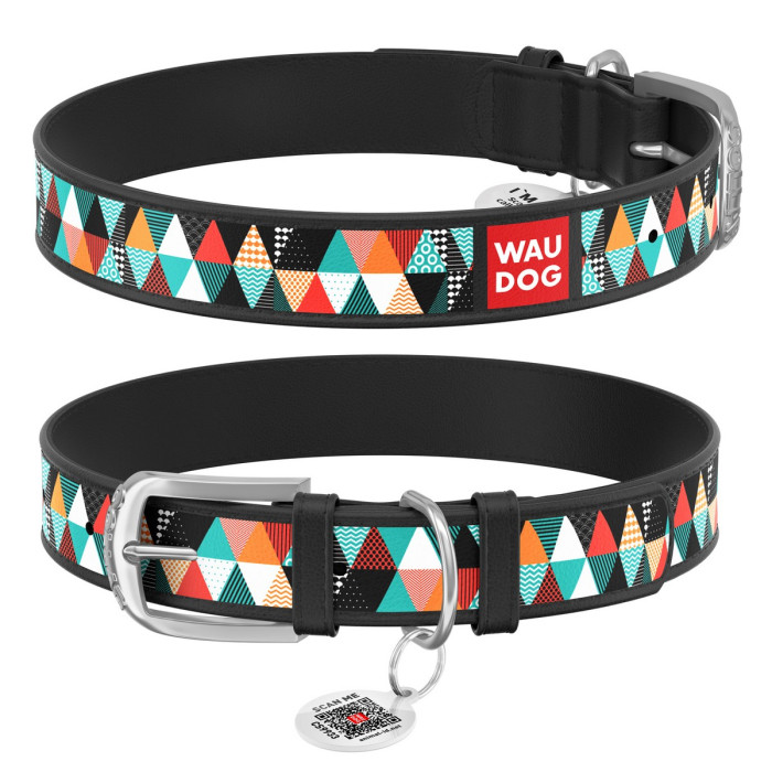 WAUDOG Design genuine leather dog collar with QR passport, "Patchwork 2" 