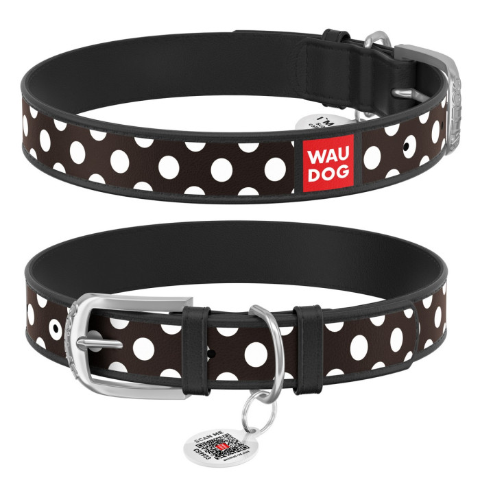 WAUDOG Design genuine leather dog collar with QR passport, "Polka" 