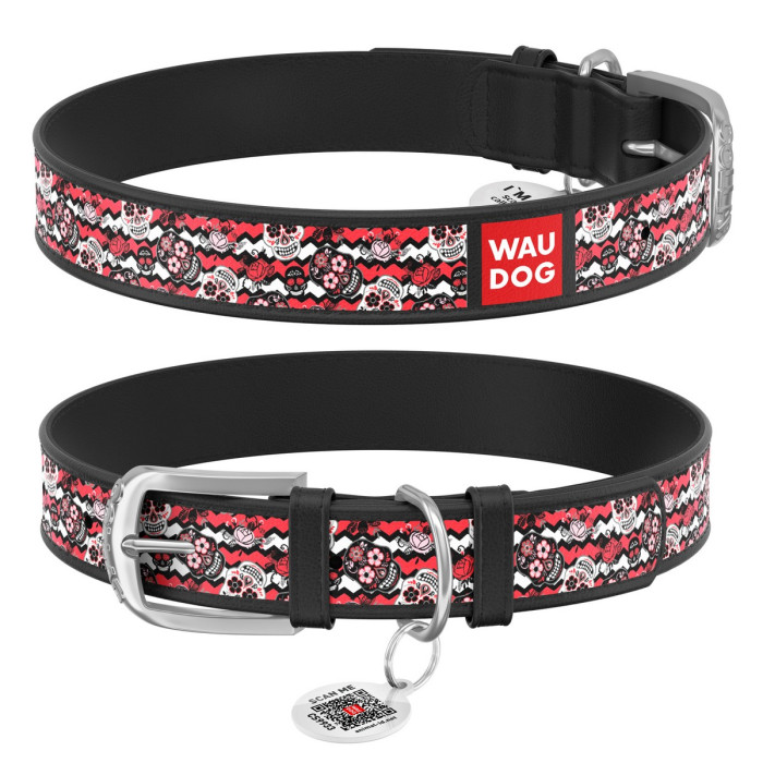 WAUDOG Design genuine leather dog collar with QR passport, "Sugar skulls" 