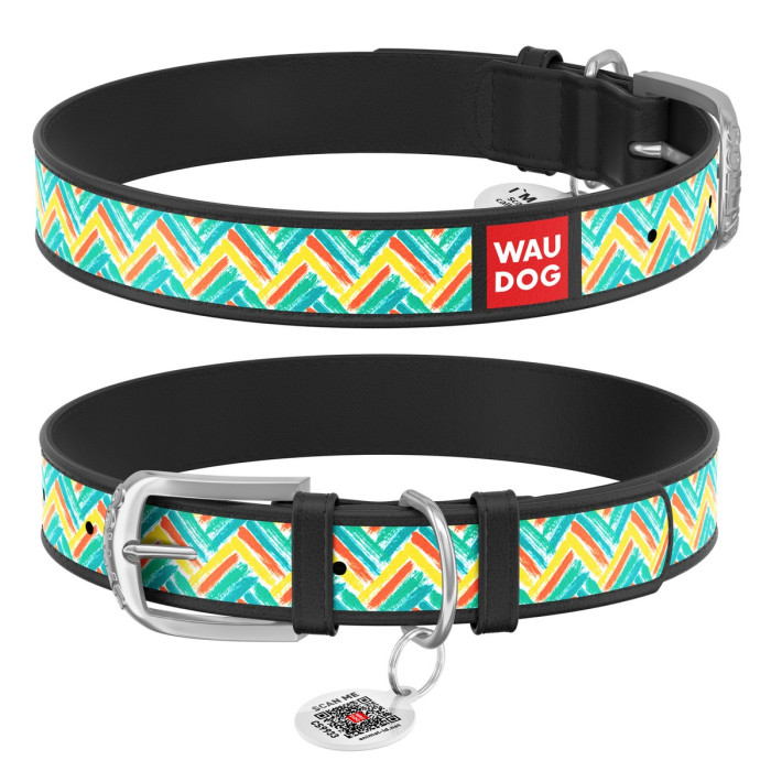 WAUDOG Design genuine leather dog collar with QR passport, "Zigzag" 