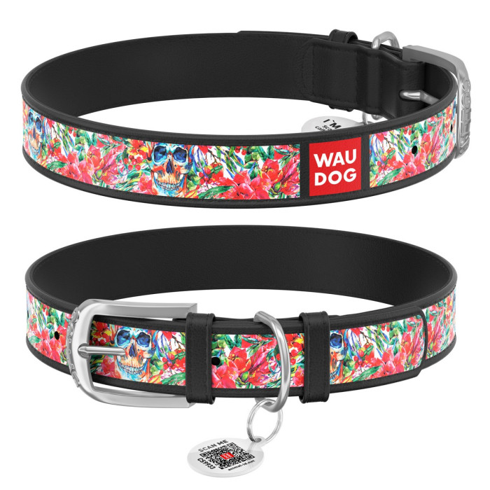 WAUDOG Design genuine leather dog collar with QR passport, "Skulls in flowers" 