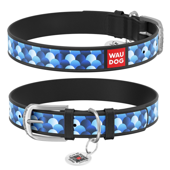 WAUDOG Design genuine leather dog collar with QR passport, "Scales" 