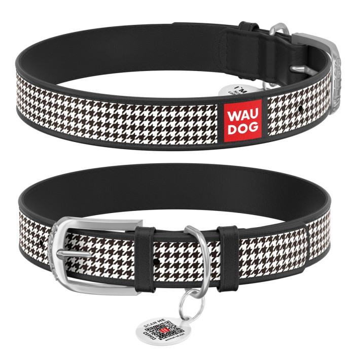 WAUDOG Design genuine leather dog collar with QR passport, "Chanel" 