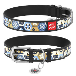 WAUDOG Design genuine leather dog collar with QR passport, 