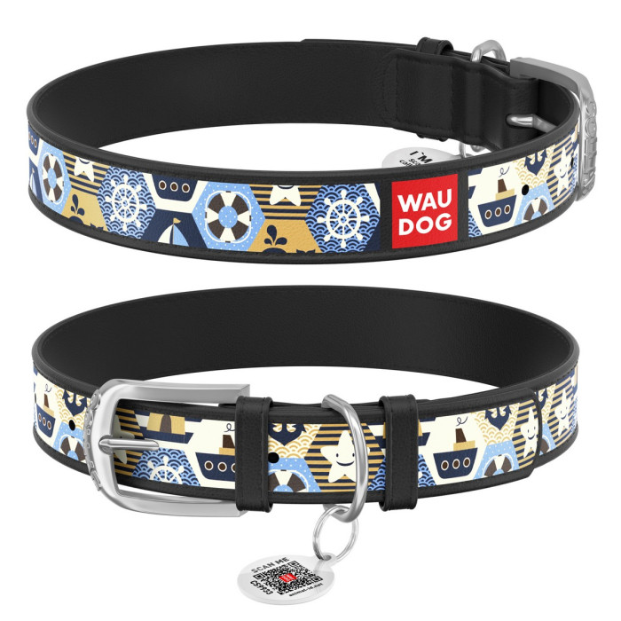 WAUDOG Design genuine leather dog collar with QR passport, "Captain" 