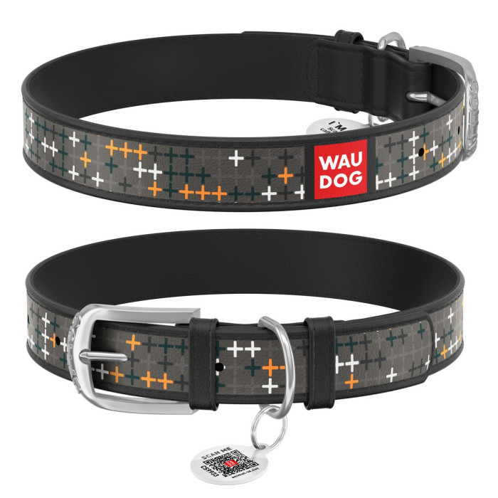 WAUDOG Design genuine leather dog collar with QR passport, "Crosses" 