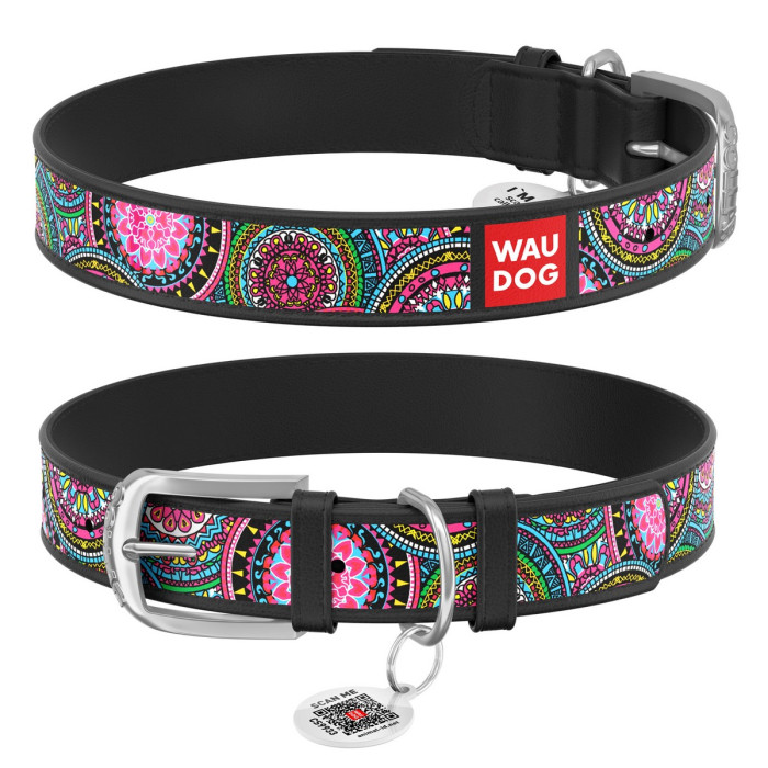 WAUDOG Design genuine leather dog collar with QR passport, "Mandalas" 