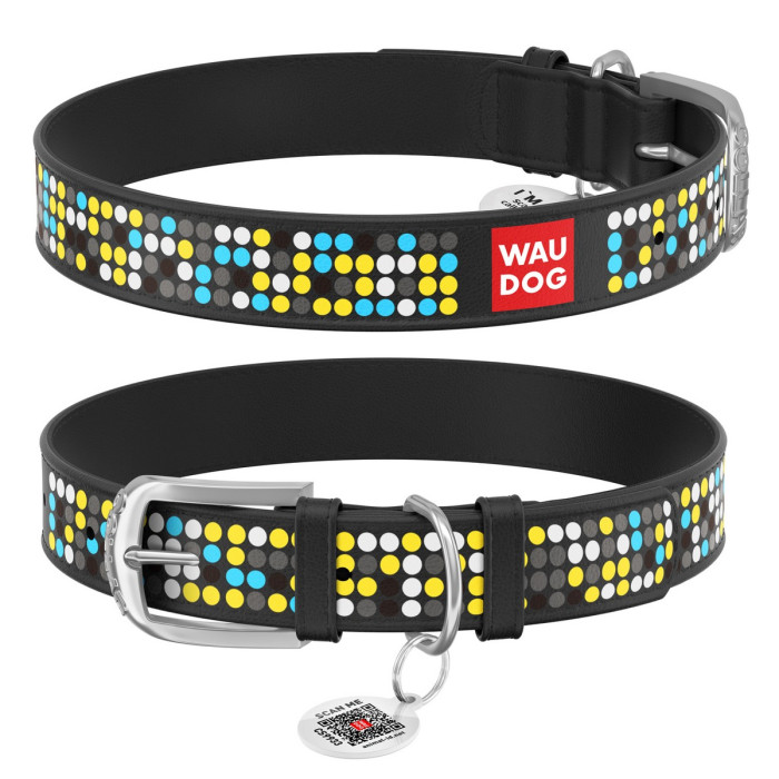 WAUDOG Design genuine leather dog collar with QR passport, "Mosaic" 