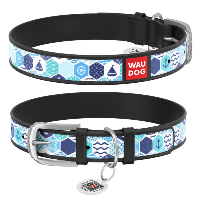 WAUDOG Design genuine leather dog collar with QR passport, "Sea" 