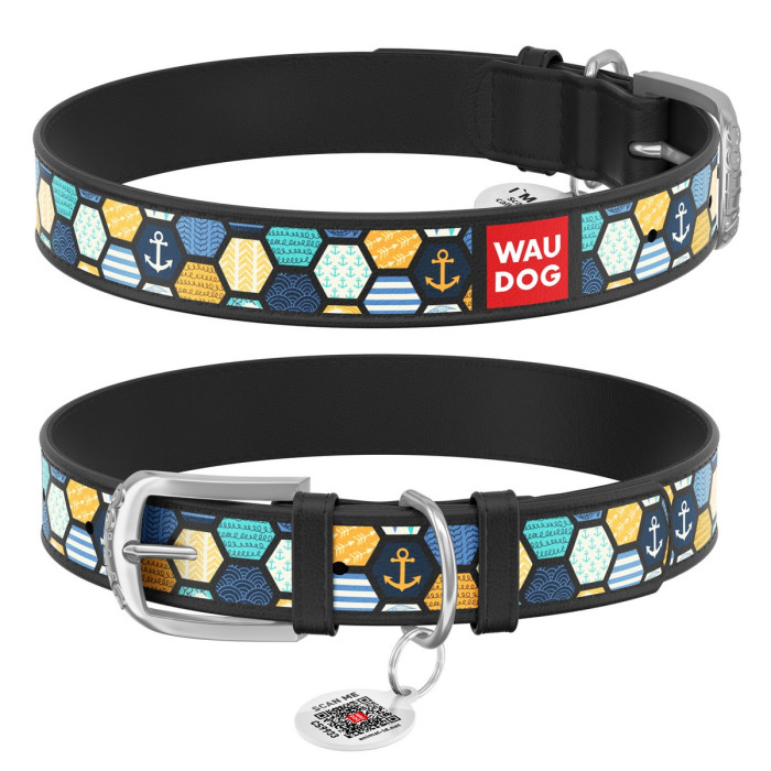 WAUDOG Design genuine leather dog collar with QR passport, "Sea 2" 