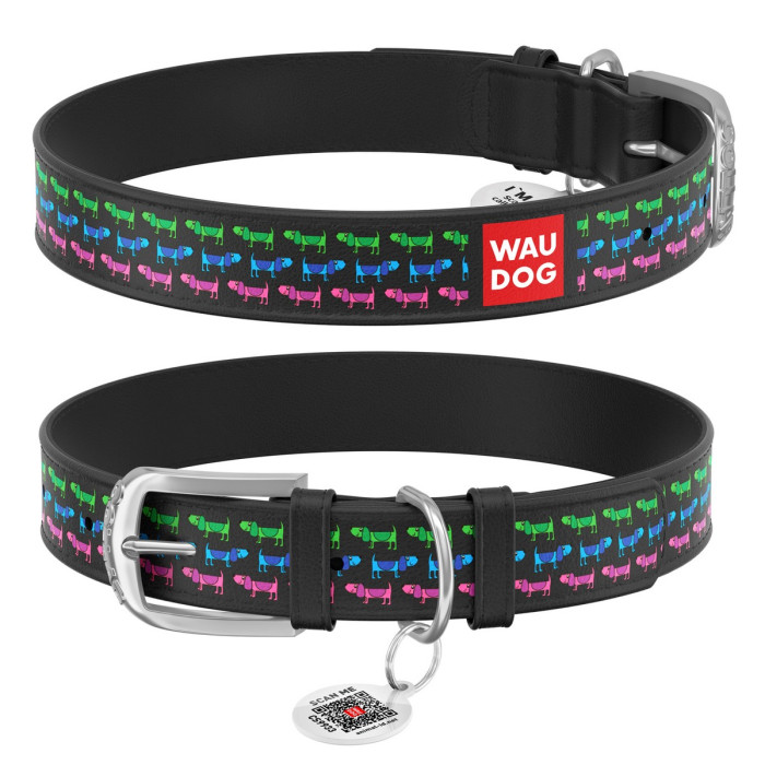 WAUDOG Design genuine leather dog collar with QR passport, "Dog parade" 