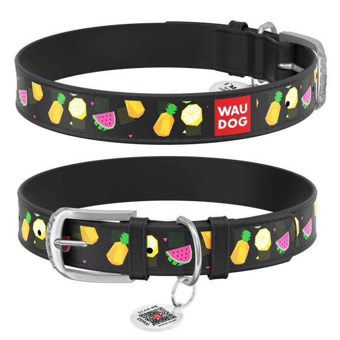 WAUDOG Design genuine leather dog collar with QR passport, "Fruits" 