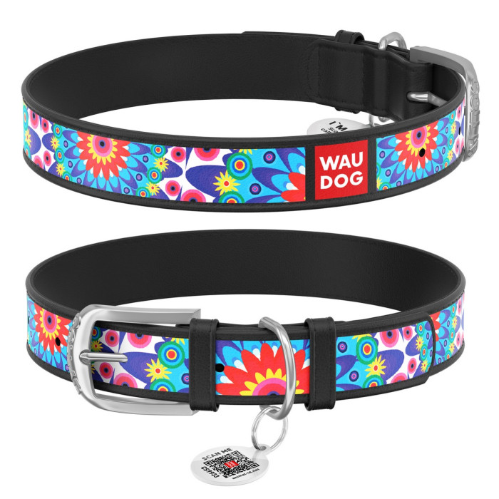 WAUDOG Design genuine leather dog collar with QR passport, "Flowers" 