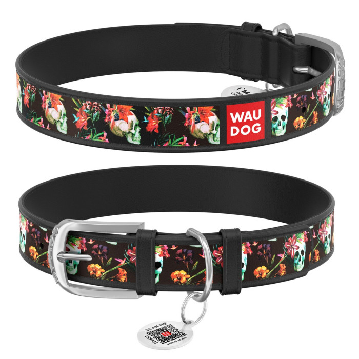 WAUDOG Design genuine leather dog collar with QR passport, "Skulls" 