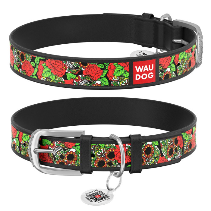 WAUDOG Design genuine leather dog collar with QR passport, "Skulls and roses" 