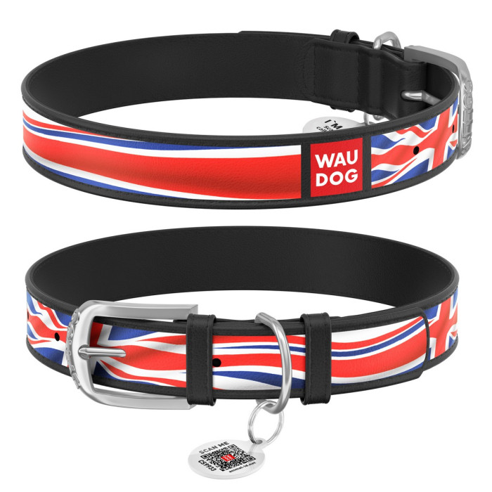 WAUDOG Design genuine leather dog collar with QR passport, "Union Jack" 