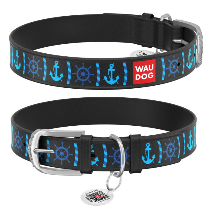 WAUDOG Design genuine leather dog collar with QR passport, "Anchors" 