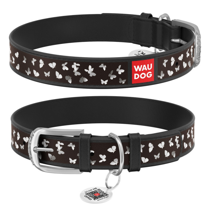 WAUDOG Design genuine leather dog collar with QR passport, "Butterflies" 