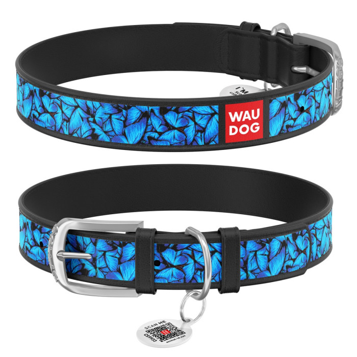 WAUDOG Design genuine leather dog collar with QR passport, "Blue butterflies" 