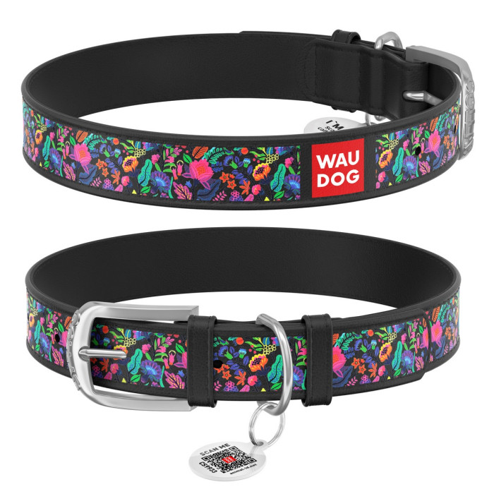 WAUDOG Design genuine leather dog collar with QR passport, "Magic flowers" 