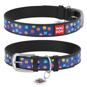 WAUDOG Design genuine leather dog collar with QR passport, 