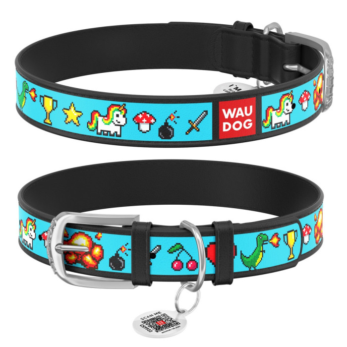 WAUDOG Design genuine leather dog collar with QR passport, "Pixel unicorn" 