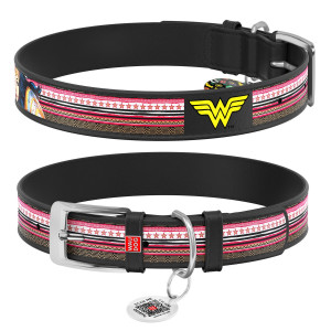 WAUDOG Design genuine leather dog collar with QR passport, "Wonder Woman" DC Comics, 