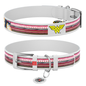 WAUDOG Design genuine leather dog collar with QR passport, "Wonder Woman" DC Comics, 