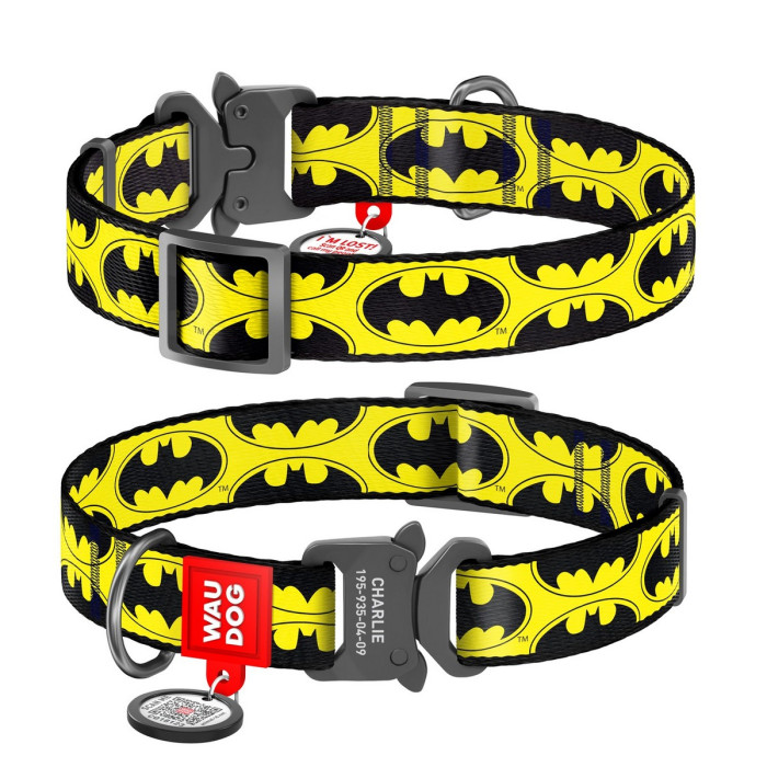 WAUDOG Nylon dog collar with QR-passport, "Batman Logo" DC Comics, metal fastex buckle with an area for engraving