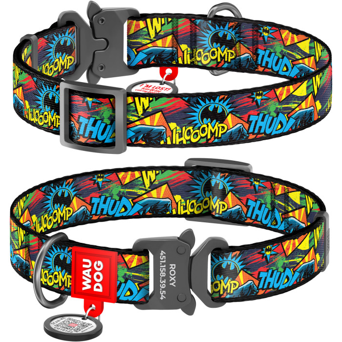 WAUDOG Nylon dog collar with QR-passport, "Batman Bright" DC Comics, metal fastex buckle with an area for engraving