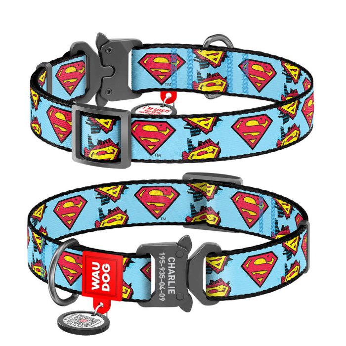 WAUDOG Nylon dog collar with QR-passport, "Superman" DC Comics, metal fastex buckle with an area for engraving