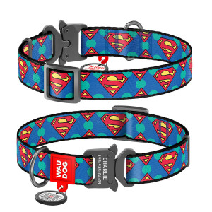 WAUDOG Nylon dog collar with QR-passport, "Superman Logo" DC Comics, metal fastex buckle with an area for engraving