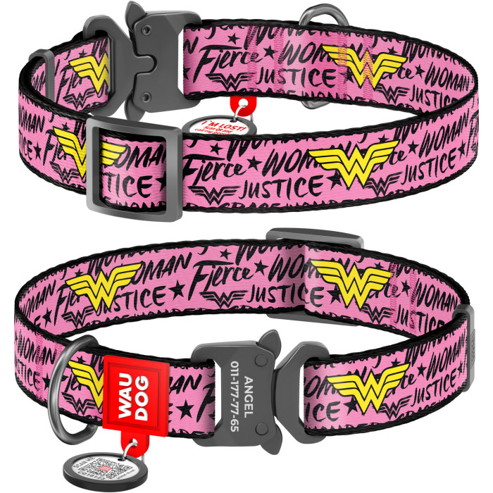 WAUDOG Nylon dog collar with QR-passport, "Wonder Woman" DC Comics, metal fastex buckle with an area for engraving