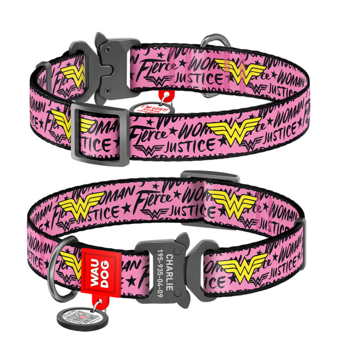 WAUDOG Nylon dog collar with QR-passport, "Wonder Woman" DC Comics, metal fastex buckle with an area for engraving