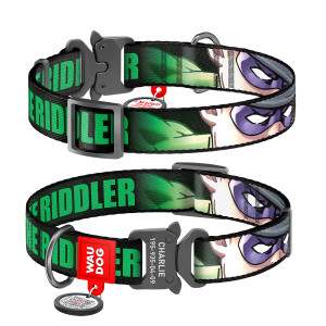 WAUDOG Nylon dog collar with QR-passport, "Riddler" DC Comics, metal fastex buckle with an area for engraving
