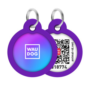 Адресник для собак и котов металлический WAUDOG Smart ID c QR паспортом, рисунок "Градиент фиолетовый", круг